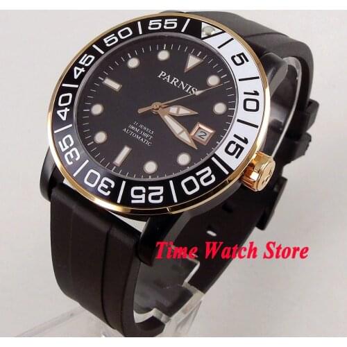 Parnis 42mm 21 Jewels Miyota 821A black dial luminous sapphire glass rubber strap PVD case gold Automatic mens watch 394