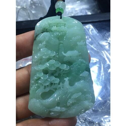 Natural Myanmar jade A HandCarved waterfall andscape green jade pendant jade necklace pendants jewelry jade necklaces woman
