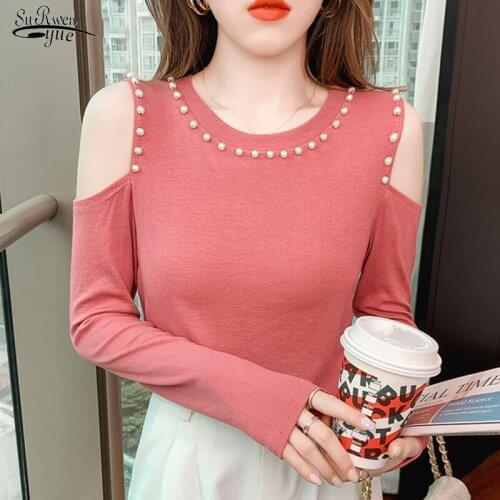 O-neck Solid Cotton Beading Blouse for Women Autumn Off The Shoulder Long Sleeve Tops Women Casual Simple T-shirt Blusa 16713