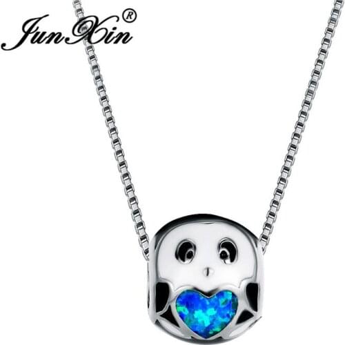 JUNXIN Cute Round Panda Pendant Blue White Fire Opal Necklaces For Women Rainbow Heart White Gold Rose Gold Choker Female Gifts