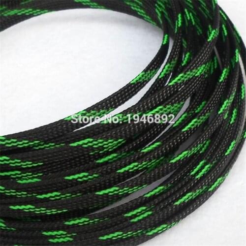 1/10/100 Meters Black & Green High quality 4mm Braid PET Expandable Sleeving High Density Sheathing Plaited Cable Sleeves
