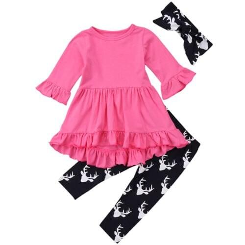 Pudcoco US Stock Toddler Baby Girls Floral Clothes Long Sleeve Tops Dress Deer Pants Headband Cotton Outfits