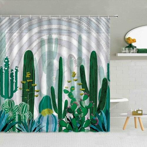 Funny Cactus Bathroom Decor Curtains Tropical Desert Succulent Green Plant Shower Curtain Child Cartoons Waterproof With Hooks