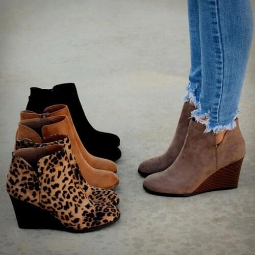 Women Leopard Ankle Boots Pointed Toe Booties Winter Lace Up Footwear Platform High Heels Wedges Shoes Woman Bota Feminina