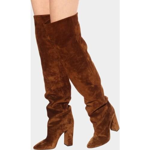 Women Faux Suede Over The Knee High Slouchy Boots Pointy Toe Chunky Heel Slouch Long Boots Ladies Winter Heeled Shoes