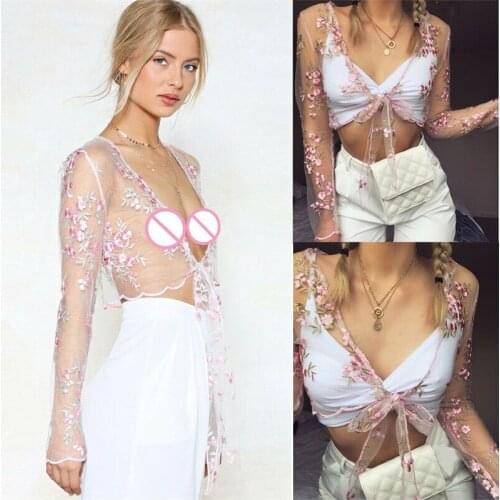 Women Floral Mesh Sheer Bikini Bra Cover Up Embroidered Floral Transparent Summer Long Sleeve Bandage Swim Beach Tops