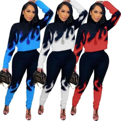 Autumn Winter Women Two Piece Set Flame Print Long Sleeve Zipper Up Sweatshirt+Legging Jogger Pants Fashion Sports Tracksuits