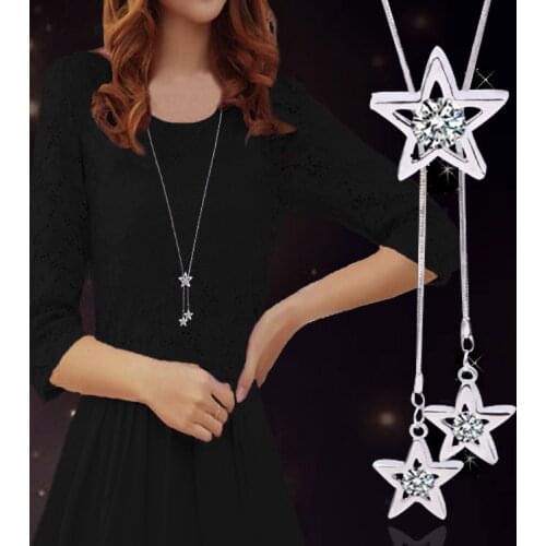 Custom Rhinestone Star Long Necklace for Women Silver Color Chain Adjustable Tassel Pendant Crystal Necklace