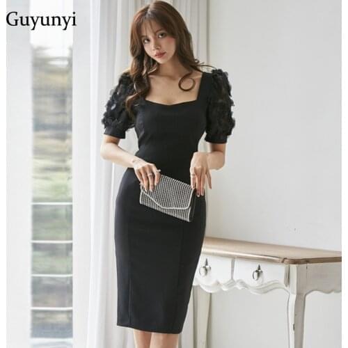Black Elegant Office Lady Dress 2021 Summer Korean Version Square Neck Mesh Short Sleeves High Waist Tight Party Dress Women