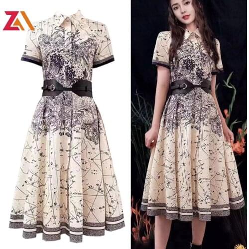 ZALady Summer Runway Party Midi Dress Lady Turn Down Collar Vintage Print Knee Length Elegant Casual Short Sleeve Dresses Women