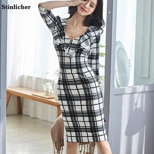 New women dress autumn winter ruffled V-neck OL plaid bodycon dress office ladies elegant sexy bag hip midi dress