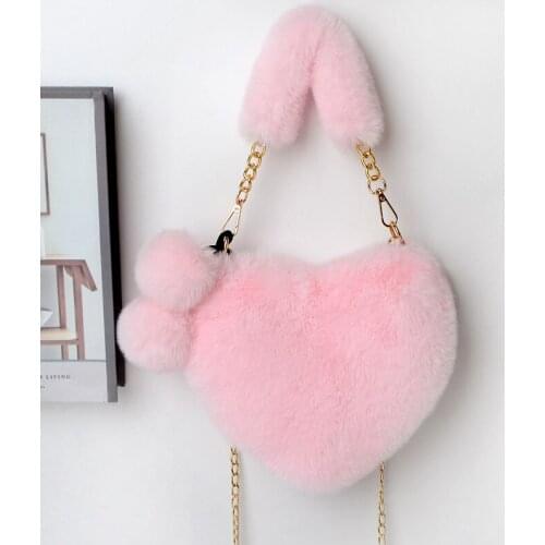 2021 Faux Fur Winter Women Handbags Heart Shaped Crossbody Bag Female Clutch Purse Chain Messenger Bag Plush Shoulder Bags