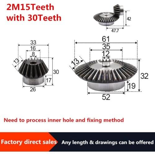 2pcs 1:2 Bevel Gear 2 Modulus 15Teeth +30teeth Inner Hole 12mm 90 Degree Drive Commutation Steel Gears Steel Gears Screw M5