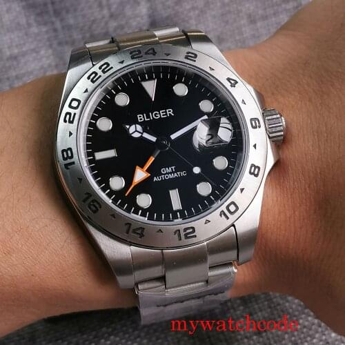 43mm BLIGER Black Dial GMT Function Mens Wristwatch Sapphire Crystal Solver Color Bezel Auto Date Stainless Steel Band