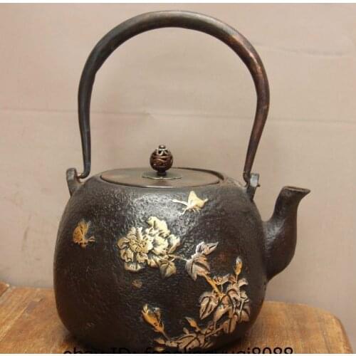 Archaic Japan Iron Silver Gilt Peony Flower Butterfly Flagon Kettle Wine Tea Pot
