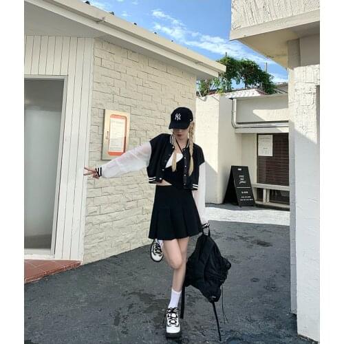 Baseball Unit Coat Short Long Jersey Skirt Kpop Women Girl Single Breasted Cardigan White Black Solid Outwear 2021 Summer New