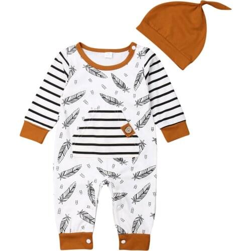 0-24 Months Newborn Baby Girl Boy Feather Romper Jumpsuit Long Sleeve Playsuit Hat Outfits Clothes Set