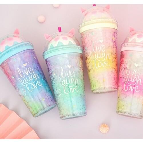 Girls Cat Claw Cup Korean Summer Ice Cup Double Layer Cooling Lovely Fresh Plastic Water Bottle With Straw And Cover