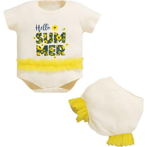 Baby Girls 2PCS Summer Ribbed Outfits, Short Sleeve Letter Print Bodysuit + Ruffle Bloomers Set