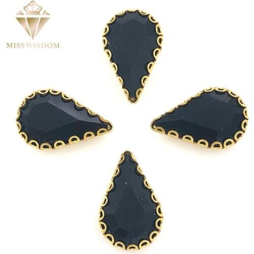 Hot selling 8X13mm Black teardrop sew on rhinestones gold base lacy claw glass crystal pear shape rhinestones Diy accessories
