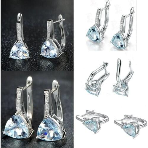 Milangirl Silver Color Blue Triangle Geometric Crystal Rhinestone Zircon Metal Cilp Earring for Women Party Jewelry Accessories