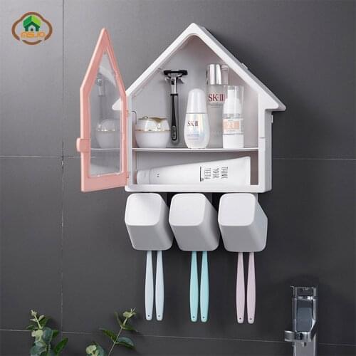 MSJO Bathroom Accessories Storage House Decor Wall Mounted Tooth Brush Toothpaste Holder Rack Multifunctional Storage organizer
