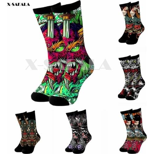 Samurai Tattoo Art 3D Fashion Long Socks Cycling Casual Novelty High Socks Men Women Cotton Funny Colorful Leg Calf Cotton-2