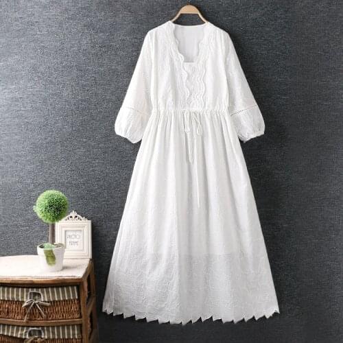 Lamtrip Retro Leaves Embroidery Hollow Out Fairy Lolita V-Neck Half Sleeve Beach Dress Cotton White Robe 2021 Summer