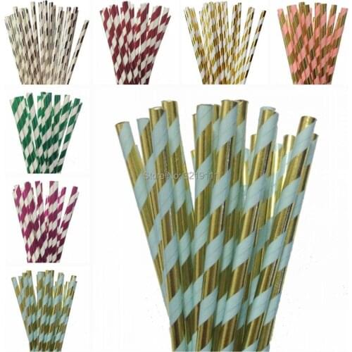 25pcs/lot Foil Stripe Paper Drinking Straws Gold And Blue Wedding Kids Birthday Party Decor Supplies Christmas Creative Straws