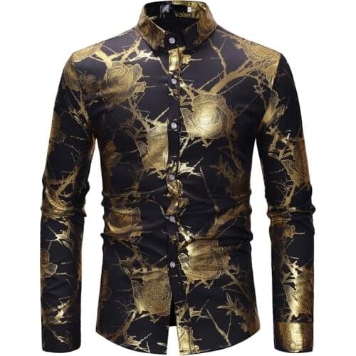 Shiny Gold Rose Floral Shirt Men 2020 Fashion Slim Long Sleeve Shirt Men Party Business Casual Shirt Male Camisas Hombre Black