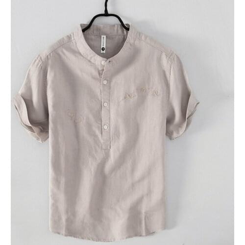 Embroidered cotton and linen stand collar gray shirts men casual summer short sleeve shirt for men chemise camisa tops mens