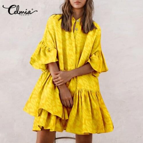 Women Celmia Mini Dresses Bohemian O Neck Leopard Print Irregular Sundress Autumn Ruffles Half Sleeve Casual Elegant Loose Robes