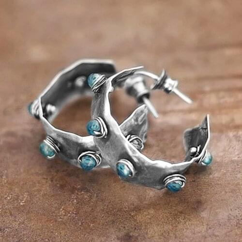 Huitan Fashion Geometric Shape Women Hoop Earrings Antique Silver Color Versatile Accessories Daily Wear Female Earrings Jewelry