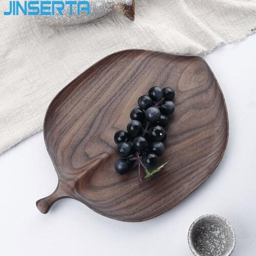 JINSERTA Black Walnut Serving Tray Dessert Fruit Cake Plate Leaf Dinner Plate Dish Tableware Home Hotel Tea Coffee Decor Tray