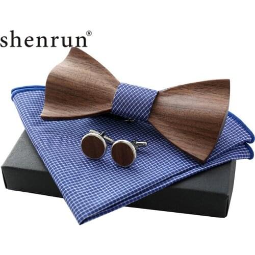 ShenRun Newly Men Handmade Wood Butterfly Bow Ties + Cufflinks+ Handkerchief Set Wedding Party Accessories mens tie male