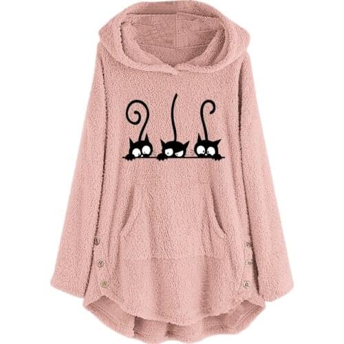 Womens Fleece Cat Embroidery Warm Hoodie Top Winter Button Sweater Blouse Casual Full Sleeve O-neck Long Hoodies Sweatshirts