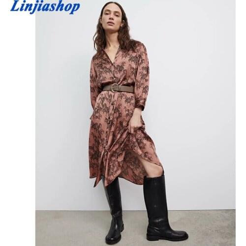Spring women long dress with sashes long sleeves satin fabric v neck shirt dress female retro single breasted midi dress