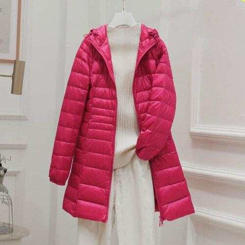 Women 2020 New Winter Fashion Hooded Long Jackets Female White Duck Down Overcoat Ladies Light Thin Slim Solid Coats Parkas D169