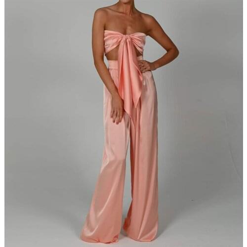 Beachapche Multi-Way Peach Satin Bandeau Top and High Waisted Wide Leg Trousers Pants Set Women Sexy Outfits Elegant Two Piece