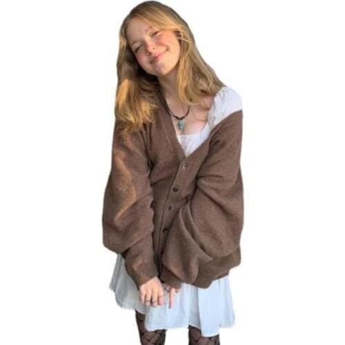 2021 Autumn Womens Casual Oversized Knitted Cardigan Loose Coat V-Neck Jacket Korean Fashion Solid Color Outerwear For Women