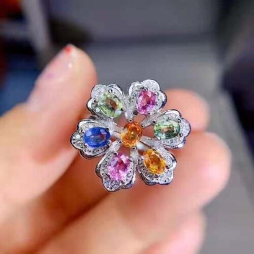 Natural Fancy Colored Sapphire Flower Type Womens S925 Sterling Silver Ring Fine Fashion Wedding Luxurious Jewelry MeibaPJFS