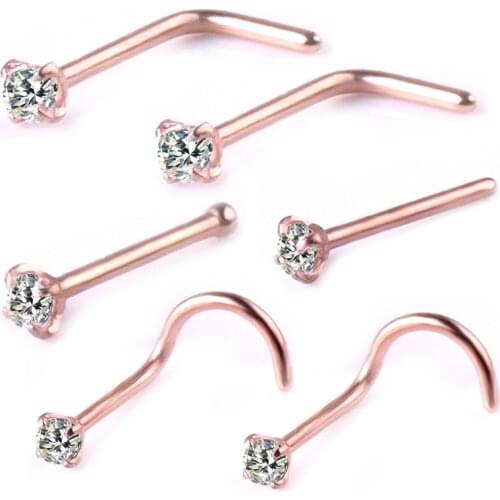 New 6PCS Surgical Steel Zircon Gem Bone Nose Stud Piercing Earring Anodized Rose Gold Color Nose Ring Prong Nose Body Jewelry