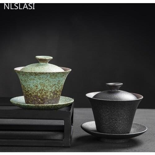 Retro Pottery Gaiwan Teacup Handmade Ceramics Tea Bowl Household Teaware Travel Drinkware Personal Cup Chinese Tea Ceremony