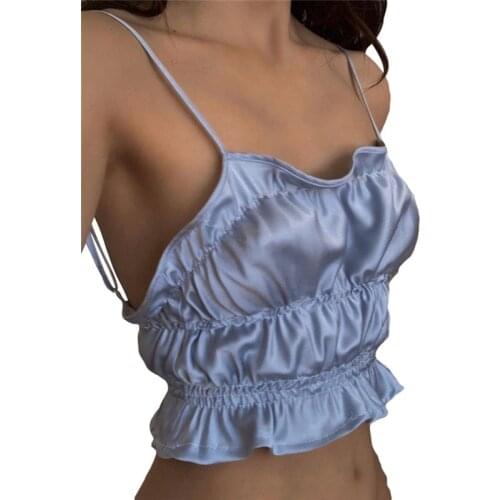 Women Ruched Tank Tops Ruffles Frilly Adjustable Tanks Sexy Backless Tops Satin Silk Blue Black Top Foe Summer Street Clothes
