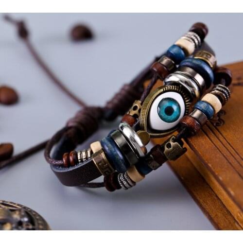 Tibet Stone Multilayer Leather Bracelet Eye Fish Charms Beads Bracelets for Men Vintage Punk Wrap Wristband Classic Handmade New