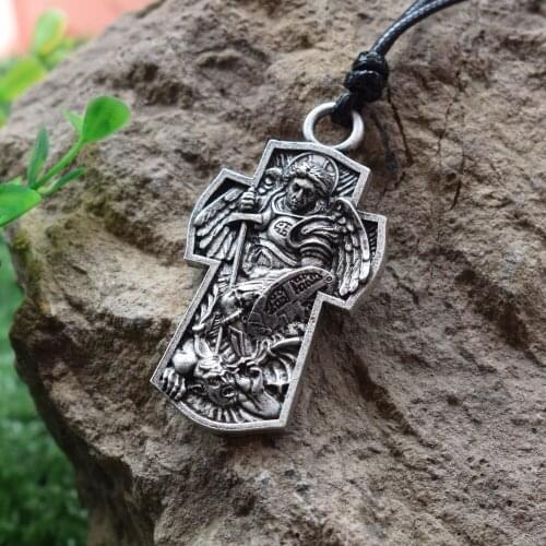 St. Michael Archangel Cross pendant Protect Me Saint Shield Protection necklace men