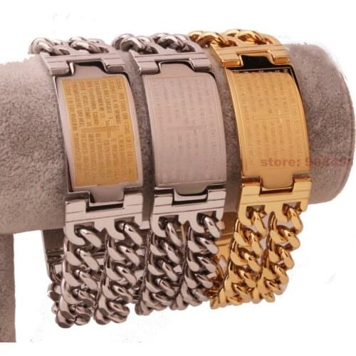 Mens Religious Style Fashion Stainless Steel Spanish Bible Double Chain Bracelet 23mm9" High Quality