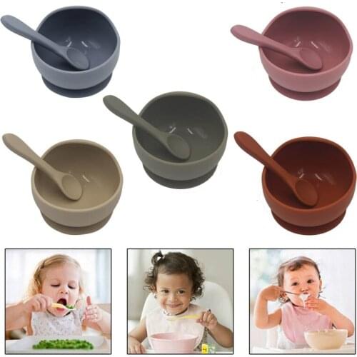 2 Pcs BPA Free Silicone Waterproof Baby Suction Bowl Training Spoon Set Non-Slip Learning Feeding Dish Plate Kids Utensils Table