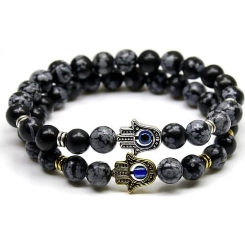 New Products 8mm Black Snowflake Stone Beads Buddha Palm Hand Bracelet, Yoga Meditation Energy Jewelry For Women and Men