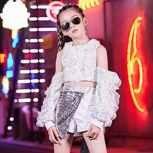 Girls HipHop Practice Clothes Children Jazz Performance Costumes Child Catwalk Show Outfit White Silver Sequin Costumes DQL2733